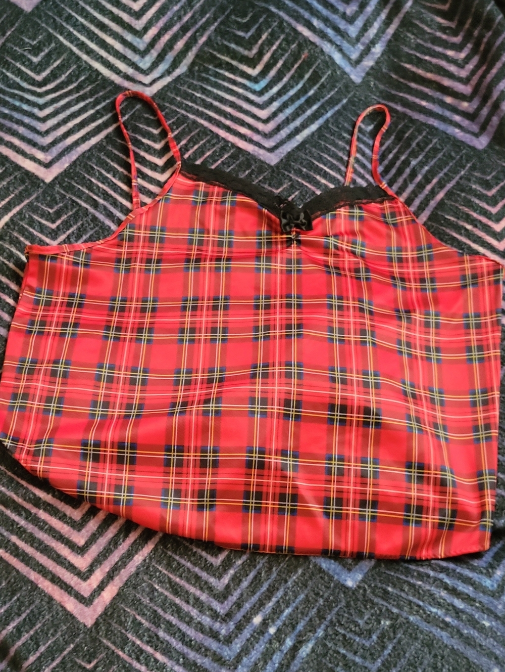 Red Plaid Satin Cami Top with Black Lace Trim